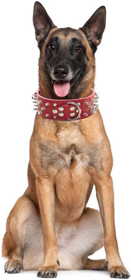 Serijoars Spiked Studded Dog Collar, PU Leather Dog Collar, Adjustable Pet Collars for Medium or Large Breed Pet (L, Pink1)