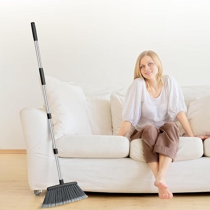 Broom, Outdoor Brooms for Sweeping Indoor, Adjustable 55" Pet Hair Removal Heavy Duty Broom for Floors Home Kitchen Garage Commercial Patio Industrial Snow (Black)