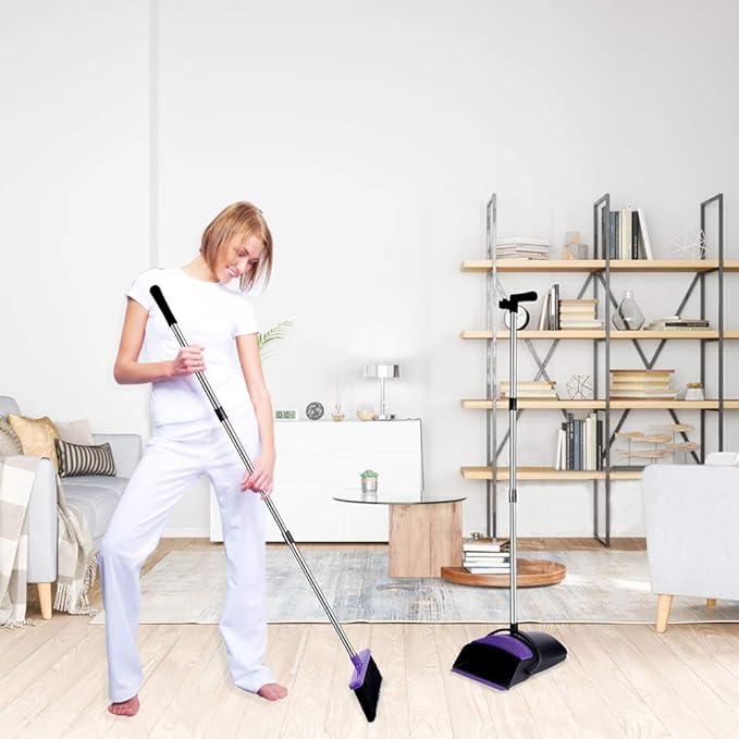 Broom and Dustpan Set, Upright Purple Broom with Dustpan Combo Set 51" Long Handle, Self Cleaning Dust Pan for Home, Kitchen and Office