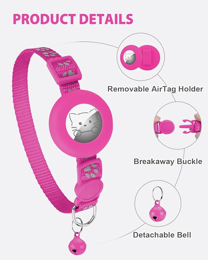 Joytale AirTag Cat Collar 2 Pack with Breakaway Safety Buckle, Reflective Cats Collar with AirTag Holder, Adjustable 7.5-12.5 Inch, Anti-Fraying Lightweight for Girl Boy Kitten, Hotpink