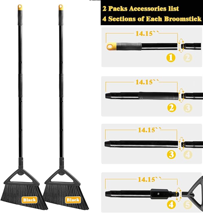 Heavy Duty Broom Outdoor and Indoor, 2 Pack Commercial Angle Brooms with Longer Handle, Perfect Black Broom for Garage, Kitchen, Courtyard, Restaurant