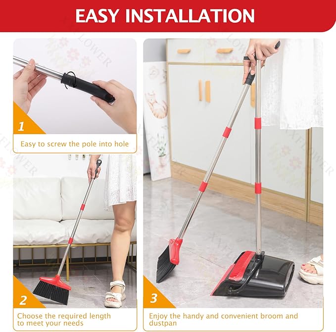 Broom and Dustpan Set with Long Handle, Light Weight Stainless Steel Poles Stand Upright Dustpans with Broom Combo for Home Kitchen Office Pet Dog Hair, Black & Red Color, 1-Pack