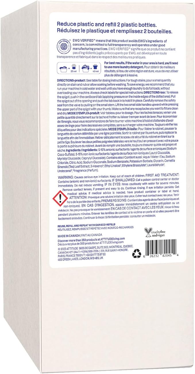 ATTITUDE Liquid Laundry Detergent Refill, EWG Verified, HE Compatible, Plant-Based & Vegan, Natural Laundry Soap, Mountain Fresh Scent, 80 Loads, 67.6 Fl Oz