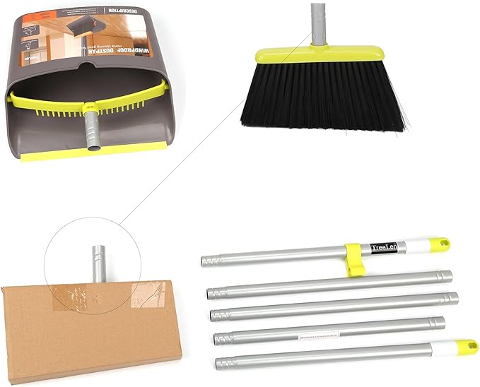 TreeLen Broom and Dustpan Set, TreeLen Broom with Dust Pan with Long Handle Combo Set for Office and Home Standing Upright Sweep Use with Lobby