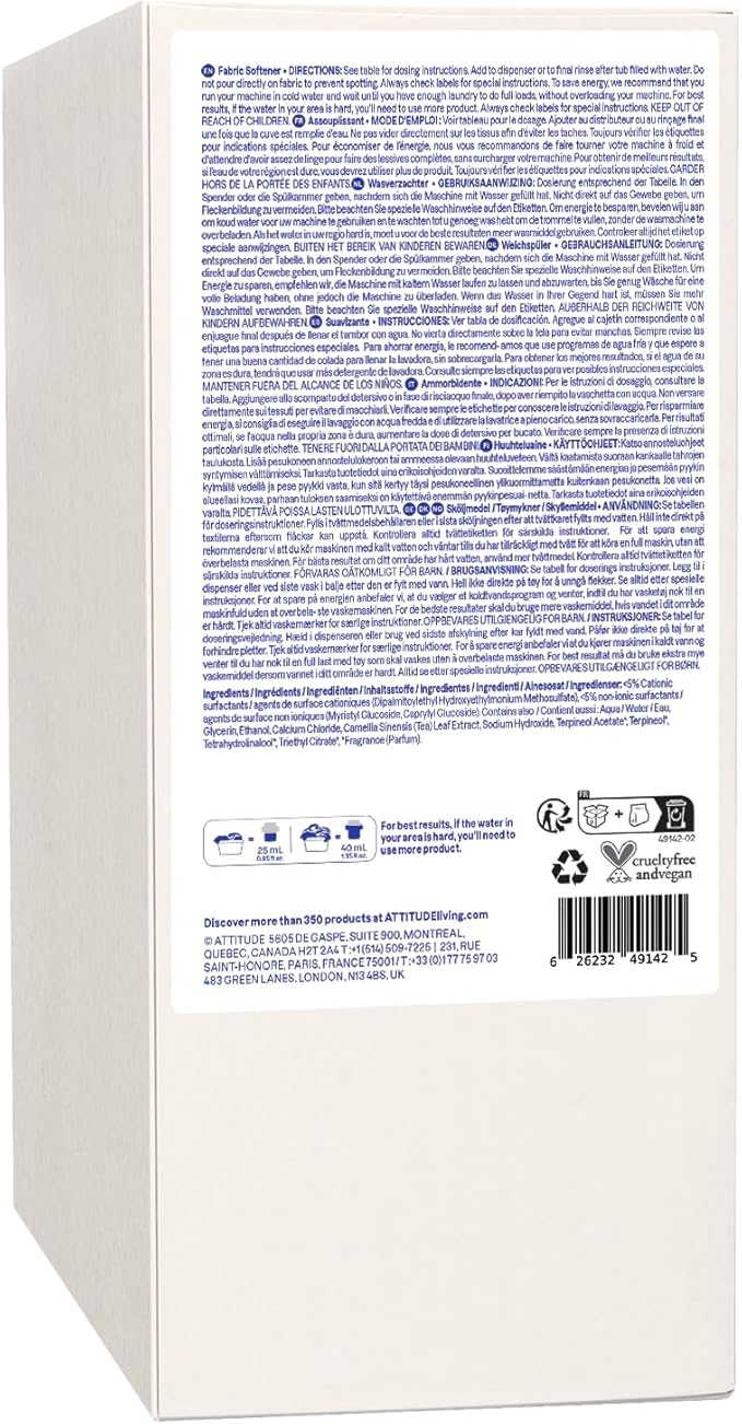 ATTITUDE Liquid Fabric Softener Refill, Plant-Based & Vegan, HE Compatible, Naturally Derived, Citrus Zest Scent, 80 Loads, 67.6 Fl Oz
