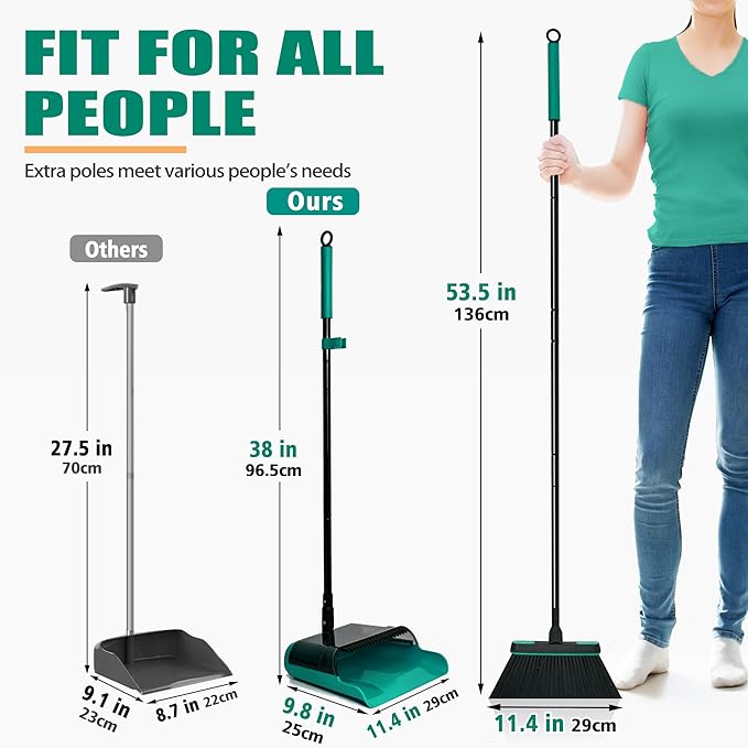 JEHONN Broom and Dust Pan, Upgraded Large Foldable Dustpan with Comb Teeth, 53.5 inches Long Handle Swivel Brush Indoor for Home Kitchen Lobby Floor Cleaning (Green)