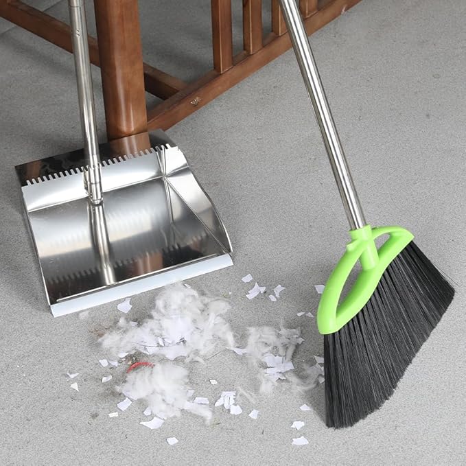 Soft Bristles Broom and Dustpan Set,Metal Dustpan with Indoor Broom, Green Angle Broom with Stand Up Dustpan for Hardwood Kitchen Floor Sweeping