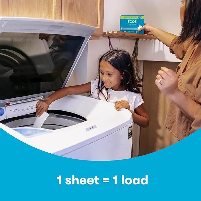 ECOS Laundry Detergent Sheets Vegan, No Plastic Jug, No Mess & Liquid Free - Hypoallergenic, Plant Powered Laundry Detergent Sheet - Free and Clear - 64 Count (Pack of 1)