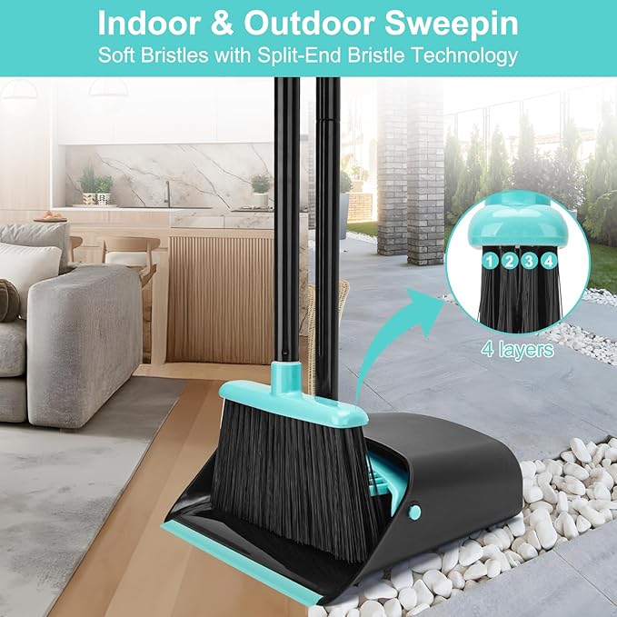 Upgrade Broom and Dustpan Combo Set, Extendable 52" Long Handle Broom for Easy Sweeping, Self-Cleaning Dust pan Teeth for Pet Hair, Perfect for Home, Kitchen, and Office