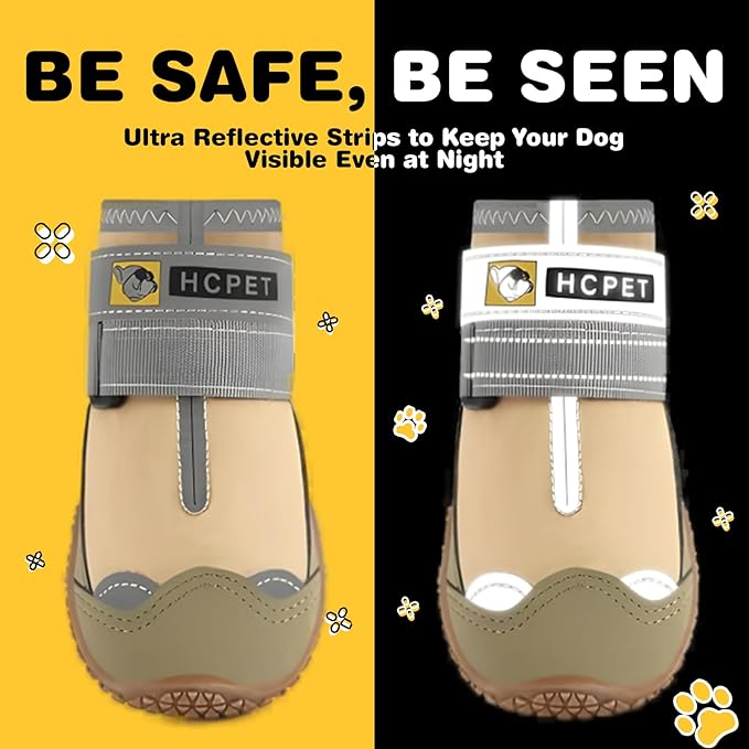 Hcpet Dog Shoes for Large Dogs, Waterproof Dog Booties for Small Medium Dogs, Anti-Slip Dog Boots & Paw Protectors for Hot Pavement Winter Snow Hiking with Reflective Straps Khaki Size 6