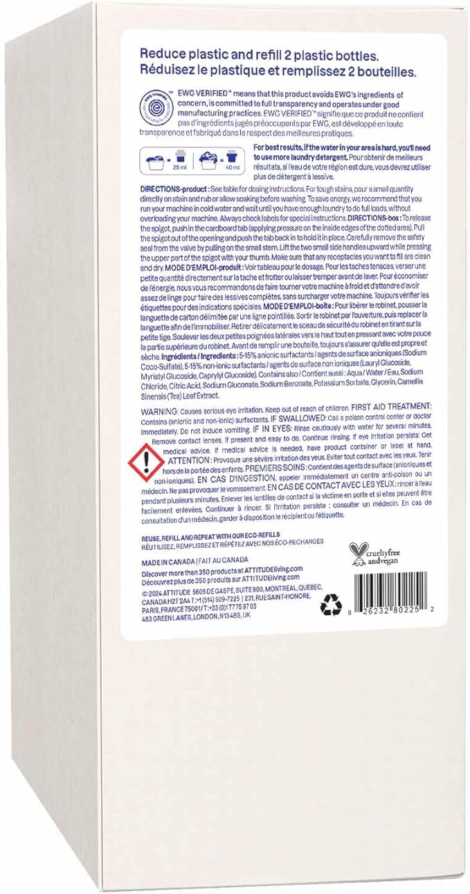 ATTITUDE Liquid Laundry Detergent Refill, EWG Verified, HE Compatible, Plant-Based & Vegan, Natural Laundry Soap, Unscented, 80 Loads, 67.6 Fl Oz