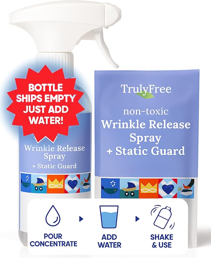 Truly Free Wrinkle & Static Releaser - Wrinkle Release for Clothes, Linen, & Sheet Fabrics - Static Guard Spray - Plant-Based - 1 Pouch 3oz Refill with 12oz Reusable Empty Spray Bottle