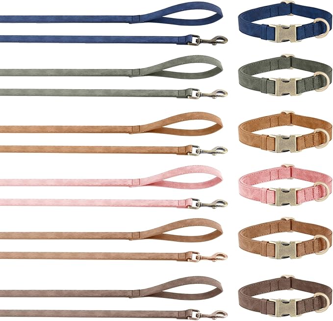 Genuine Leather Dog Collar - Adjustable Pet Collar with Quick Release Metal Buckle, Soft Skin Friendly Real Leather Collar for Small, Medium, Large Dogs (Blue Collar + Rope, M:Fit 12-20" Neck)