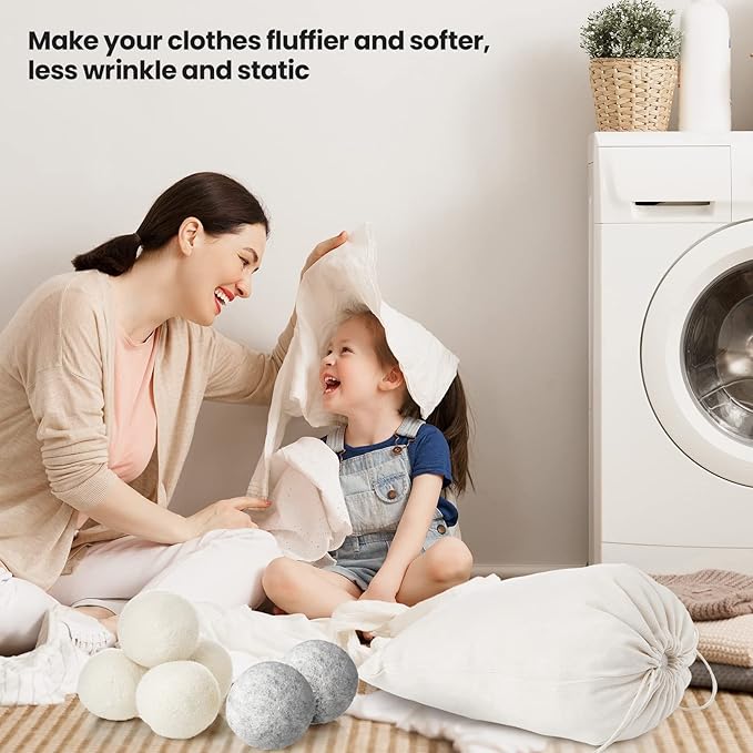 Roowest 56 Pieces Wool Dryer Balls Set 54 Reusable Wool Balls with 2 Muslin Bags Wool Laundry Balls Fabric Softener Ball Anti Wrinkle Anti Static Saving Energy and Time