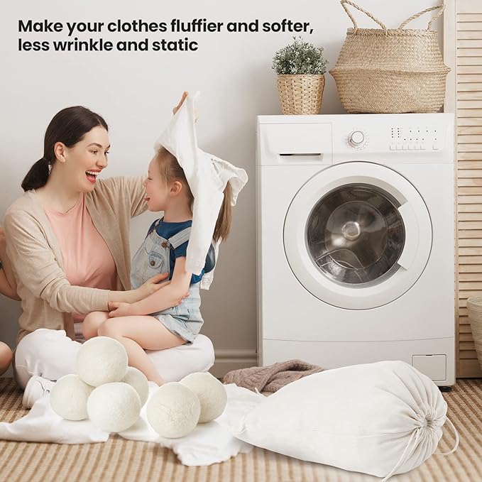 26 Pieces Wool Dryer Balls Set 24 XL Reusable Wool Balls with 2 Muslin Bags Anti Static Dryer Balls Natural Fabric Softener Wool Ball for Clothes Laundry Anti Wrinkle Saving Energy and Drying Time