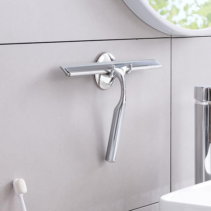 Ettori Shower Squeegee Clear Glass Wall Cleaner Stainless Steel with Suction Storage Hook -10'', Chrome