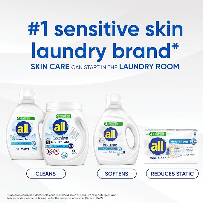 all Fabric Softener Dryer Sheets for Sensitive Skin, Free Clear, 195 Count