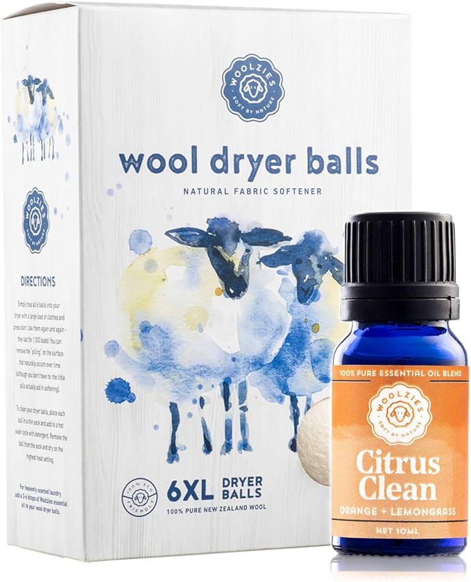 Woolzies Wool Dryer Balls Organic: 6 XL Laundry Balls for Dryer + 10 ml Citrus Clean Essential Oil Combo for use as 100% Pure and Natural Fabric Softener | Best Scented Wool Balls Laundry