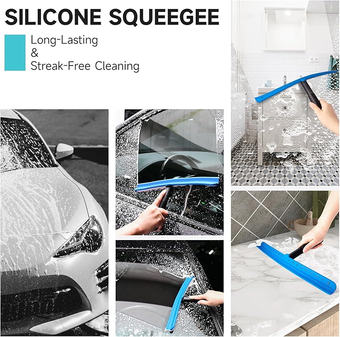 FOSHIO 15 inch Blue Windshield Squeegees, All-Purpose Streak-Free Silicone Squeegee for Window, Bathroom, Glass Shower Doors, Mirror, Car Window