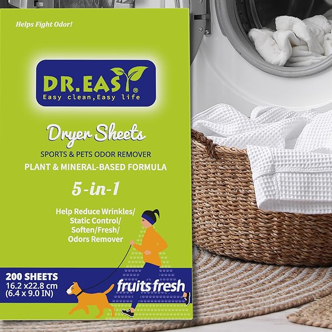 Dr.Easy SPORTS & PETS ODOR REMOVER Fruits Fresh Dryer Sheets,200 Sheets,PLANT&MINERAL-BASED FORMULA