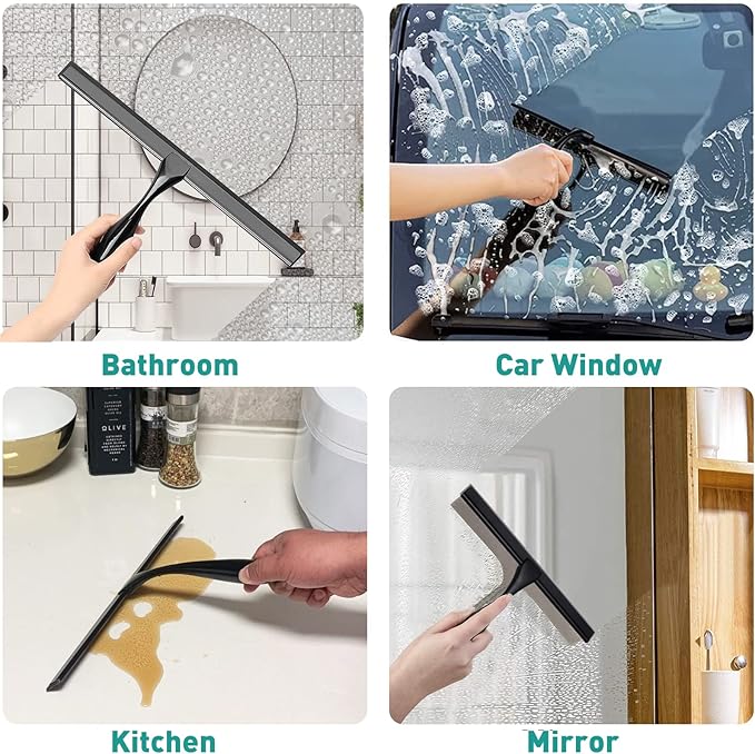 Shower Squeegee for Glass Doors,14-Inch Shower Glass Squeegee, Matte Black Shower Squeegee for Shower Doors,Mirror,Windows, with Shower Door Hook and Adhesive Hook