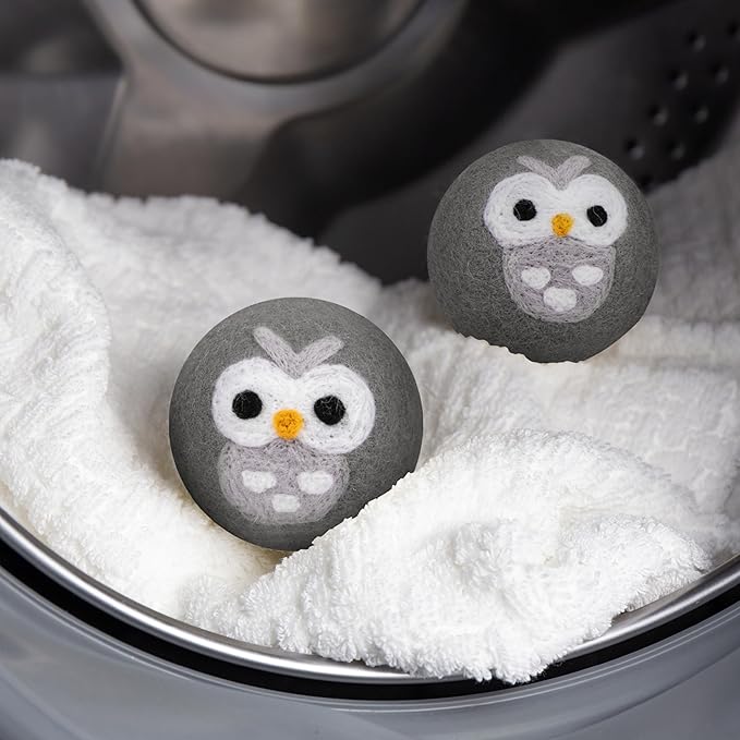Calindiana 100% Organic Premium New Zealand Wool Dryer Balls Laundry Reusable Fabric Softener, Cute Dryer Sheets Alternative, Anti Static XL Size 6 Pack, Grey Owl