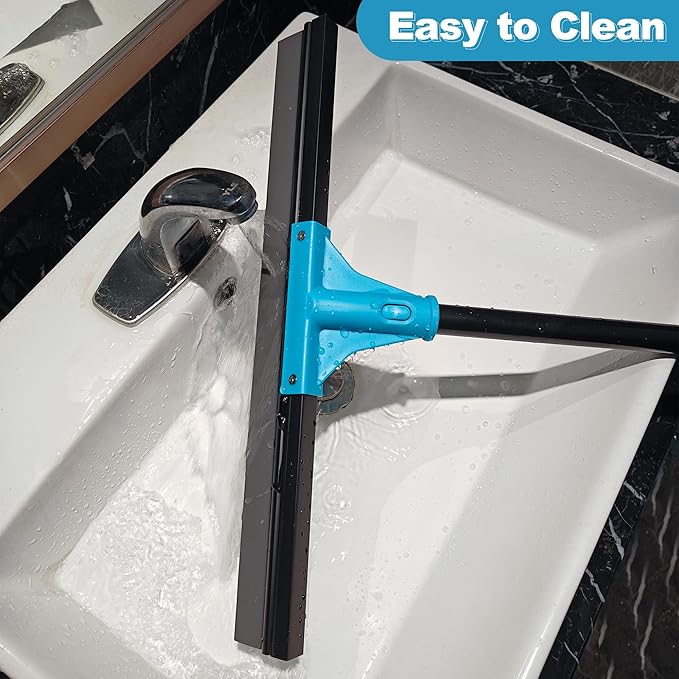 NEWE Floor Squeegee Broom with 18’’ Heavy Duty Rubber Scraper and 58.3’’ Telescopic Long Handle for Garage Concrete Bathroom Tile Shower Glass Marble Deck Window