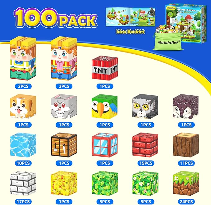 Magnetic Blocks with Forest Animals, Magnetic Building Blocks Magnet Cube Toys Stacking, Build Forest World Set, STEM Montessori Sensory Toys for Kids Boys Girls Age 3 4 5 6 7 8 9 10 Gifts