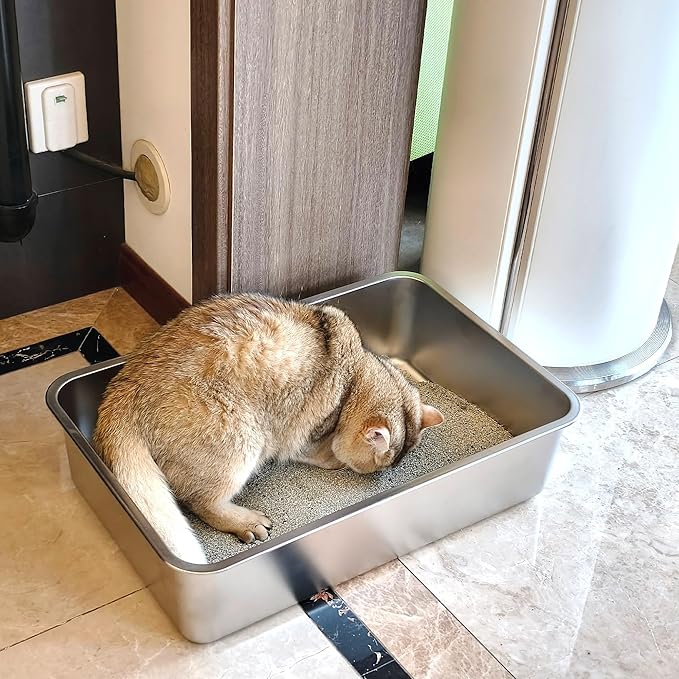 Stainless Steel Litter Box 2 Pack,Metal Litter Box for Cat Easy to Clean,Medium Cat LitterBox for Cats/Kitty/Rabbit,Metal Cat Toilet for Kitten,Non Stick, No Smell,17.7" L x 13.8" W x 6" H