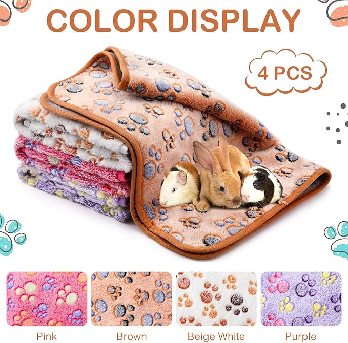 Reginary 4 Pcs Waterproof Guinea Pig Blankets Washable Small Animal Fleece Bedding Absorbent Guinea Pig Cage Liners Reusable Pet Pee Pad Sleep Mat for Hamster Ferret(Paw Print,24 x 47 Inch)