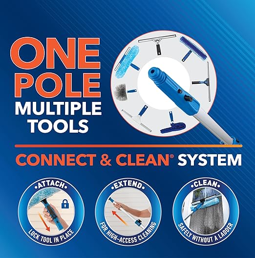 Unger Professional 2-in-1 Squeegee and Scrubber, 14” Window Cleaning Tool and 8’ Connect & Clean Pole, Essential Glass Supplies for Commercial and Residential Use, Microfiber Sleeve