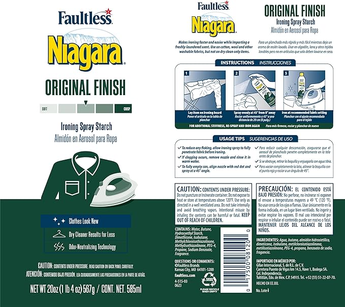 Niagara Original Hold Spray Starch for Clothes, Wrinkle Remover & Ironing Aid with Fresh Scent, Crisp Finish, No Flaking or Clogging, 20 oz Cans (Pack of 4)