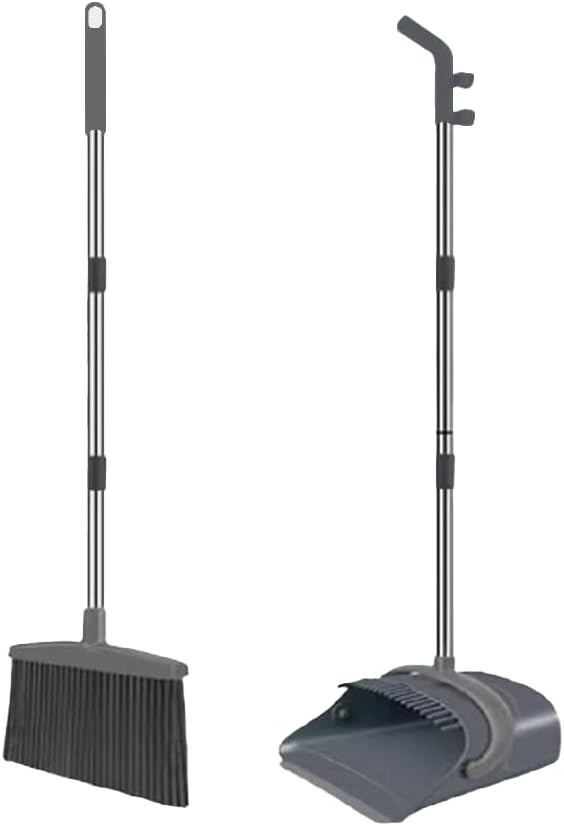 Stand-Up Broom Dustpan Combo - Long Handle with 3 Rows Dense Bristles for Multi-Scene Home/Office/Kitchen/Lobby/Shop, Indoor & Outdoor Cleaning (Black & Gray)