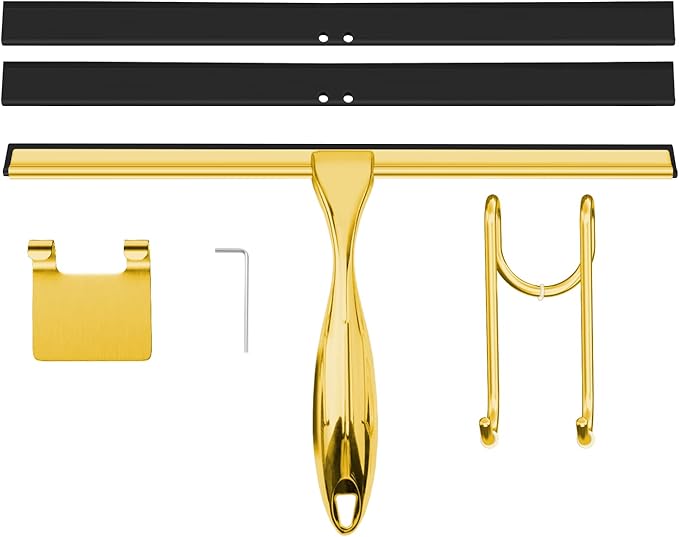 TOOVEM 12 Inch Shower Squeegee for Glass Doors, Window, Bathroom, Car Windshield, Shower Cleaning Tools with S Hook, Square Sticky Hook（Gold）