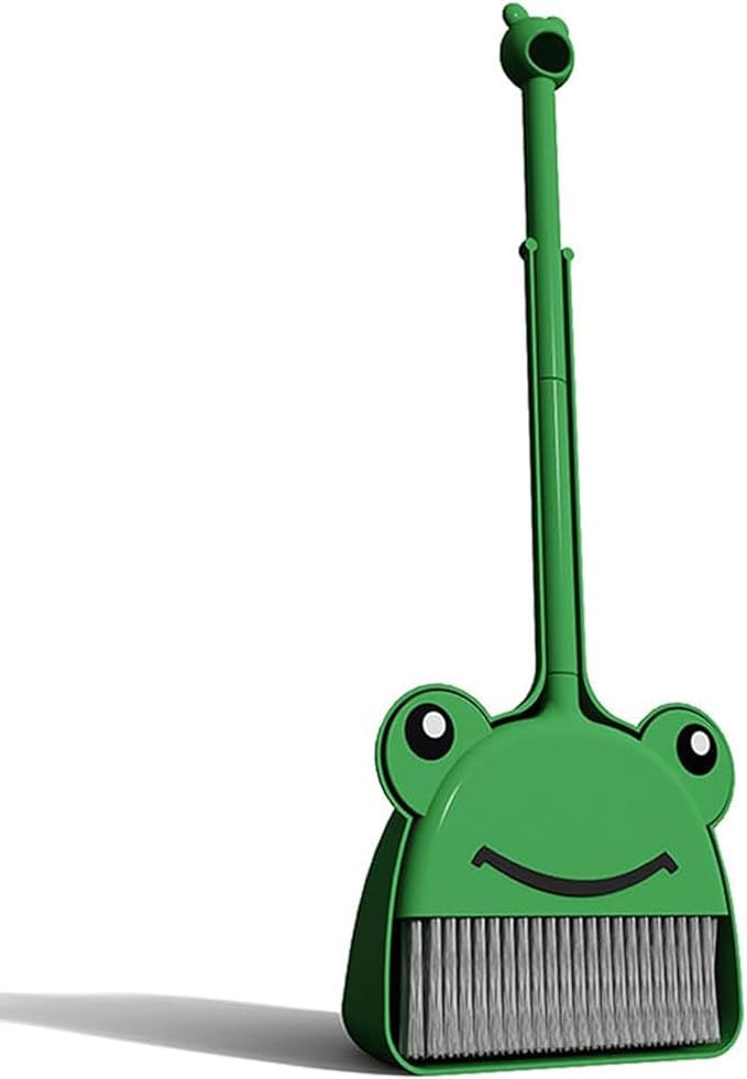 Children's Small Broom Dustpan Set Green Frog Mini Household Cleaning and Pretend Play Set