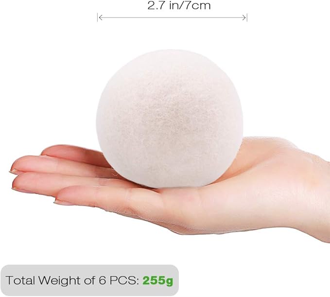 Raffaelo Wool Ball, Wool Dryer Balls XL Premium Reusable Natural Fabric Softener Pet Fur Hair Remover - Set of 6PCS (White)