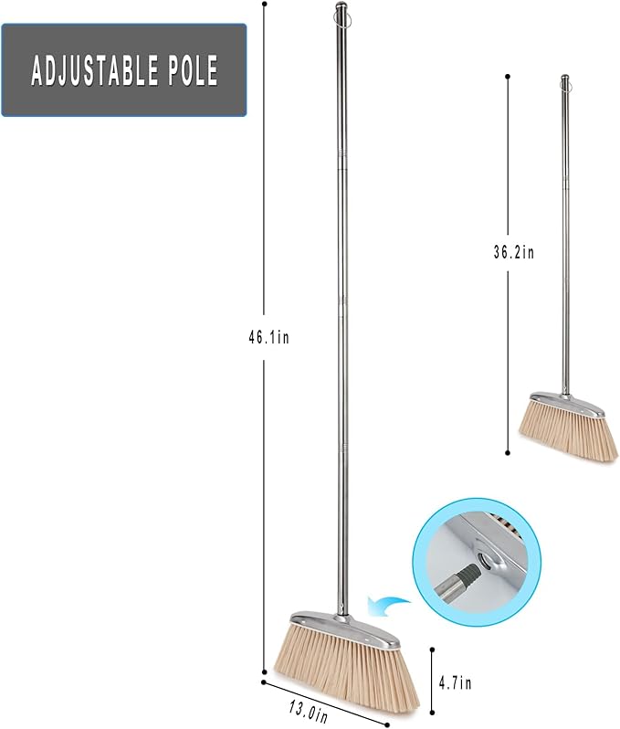 Indoor & Outdoor Brooms, VOOWO 46” Kitchen Broom with Long Handle, Heavy Duty Brooms for Home Kitchen Broom for Office, Angle Brooms for Sweeping with Stainless Steel Handle