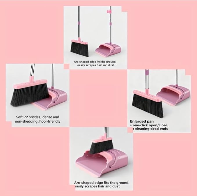 Upright Broom and Dustpan Set - Long Handle for No-Bending Comfort, 3 Rows Dense Bristles for Deep Sweeping, Suitable for Home, Office, Kitchen, Lobby, Shop, Indoor & Outdoor Spaces, Pink & Purple