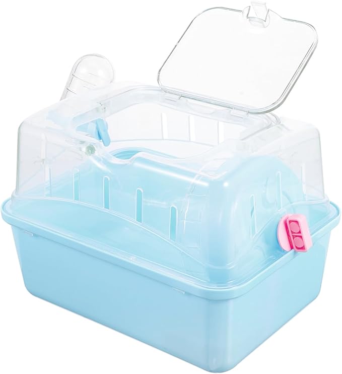 POPETPOP Small Animal Carrier Cage with Water Bottle - Portable Hamster Travel Cage with Handles for Hedgehog Hamster Rat Bearded Dragon Ferret Chinchillas (Sky-Blue) 11"*6.69"