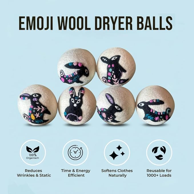 Ezhippie Quality Wool Dryer Balls - 6 XL Rabbit Pack - 1000+ Loads - Pure Organic Wool - Reusable Natural Fabric Softener Perfect with Essential Oils, Reduce Clothing Static and Wrinkles