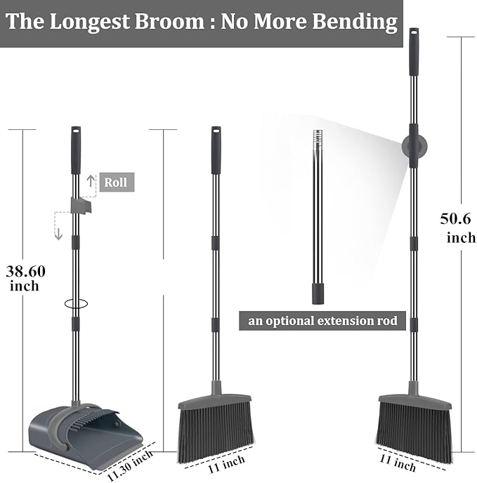 Broom and Dustpan Set, Dust pan with Long Handle, Broom with Dustpan Combo Set, Broom and Dustpan for Home, Indoor or Outdoor Cleaning Tool (Deep Gray&Light Gray)