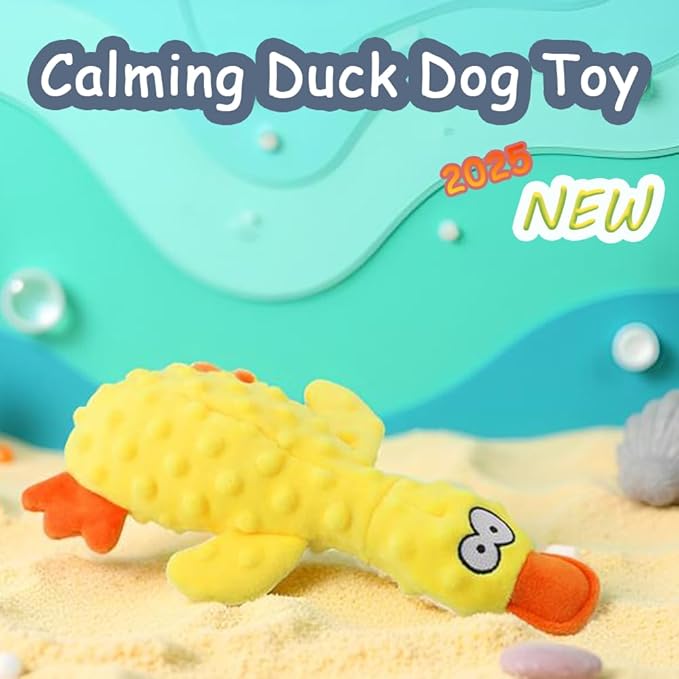 OUANGANC Calming Duck Dog Toy for Aggressive Chewers, Make a Crinkly Crunchy Noise, with Squeaker, 2025 Upgraded Indestructible Puppy Teething Toys, for Small to Medium Dog Breeds (Blue 10.6in)