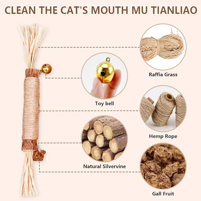 Natural Dried Matatabi Cat Chew Stick with Gall Fruit, Raffia Grass & Bell Cat Ball Toys, Handmade Silvervine Sticks Interactive Catnip Toys for Teething & Entertainment (Size L Color B)