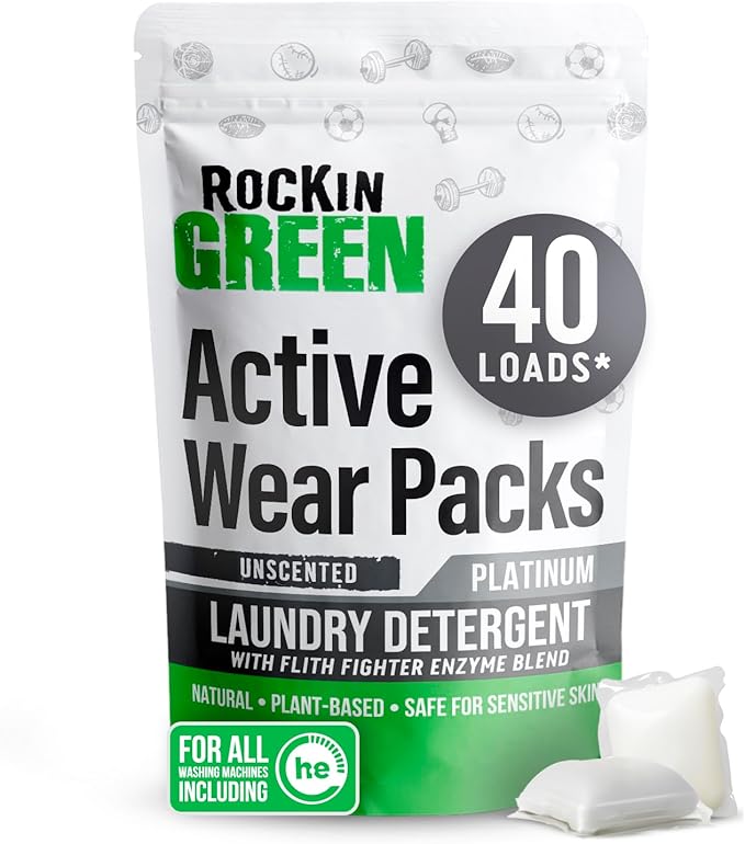 Rockin' Green Laundry Detergent Pods, Plant-based, All Natural, Vegan & Biodegradable Odor Fighter, Safe for Sensitive Skin (Unscented, Active Wear 40 Pods)