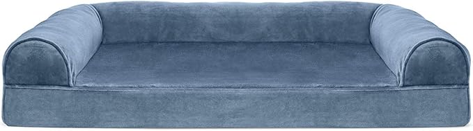 Furhaven Cooling Gel Dog Bed for Large/Medium Dogs w/ Removable Bolsters & Washable Cover, For Dogs Up to 55 lbs - Faux Fur & Velvet Sofa - Harbor Blue, Large
