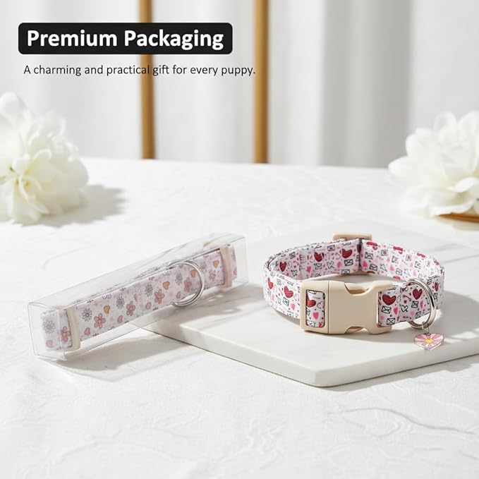 Pink Dog Collar, Girl Dog Collar with Cute Dogs and Hearts, Cute Spring Summer Food Collar with Soft & Breathable Fabric, Adjustable Pet Collar for Medium Dogs