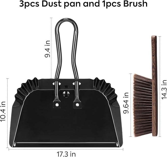 17In Extra Large Dust pan and Brush Set,Commercial Heavy-Duty Dust Pans and Wood Broom,Clip on Dust Pan Metal Edge Flat Against Floor for Patio/Pet/Car/Outdoor-Rubber Coated Easy to Grasp Handle
