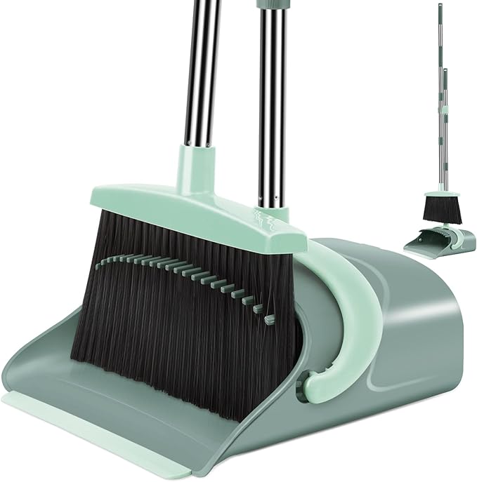 Ivandar Broom and Dustpan Set for Home, Dust pan with Long Handle, Broom with Dustpan Combo Set, for Home Kitchen Room Office Lobby Floor Use Upright Stand Up Sweeping (Gray&Green)