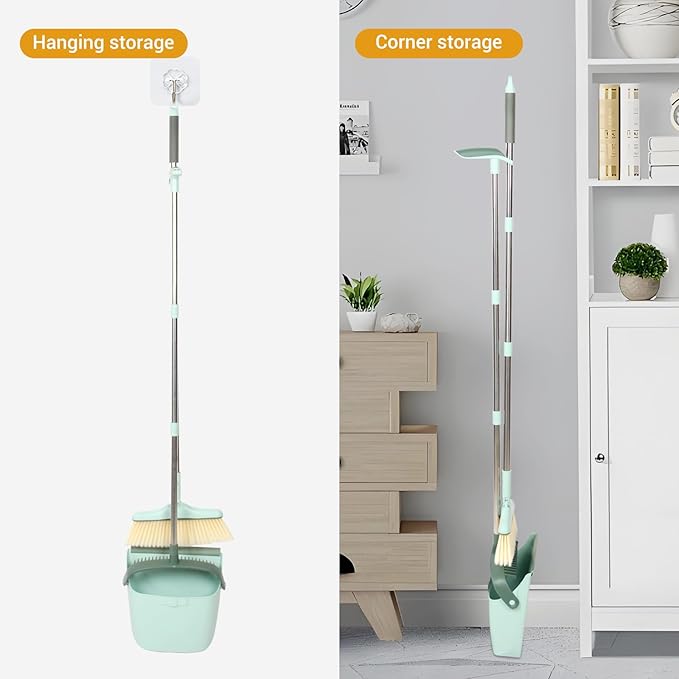 Broom and Dustpan Set,Long Handle Broom and Dustpan Set,Broom with Stand Up Dustpan Combo Set,for Home, Office, Lobby(Green)