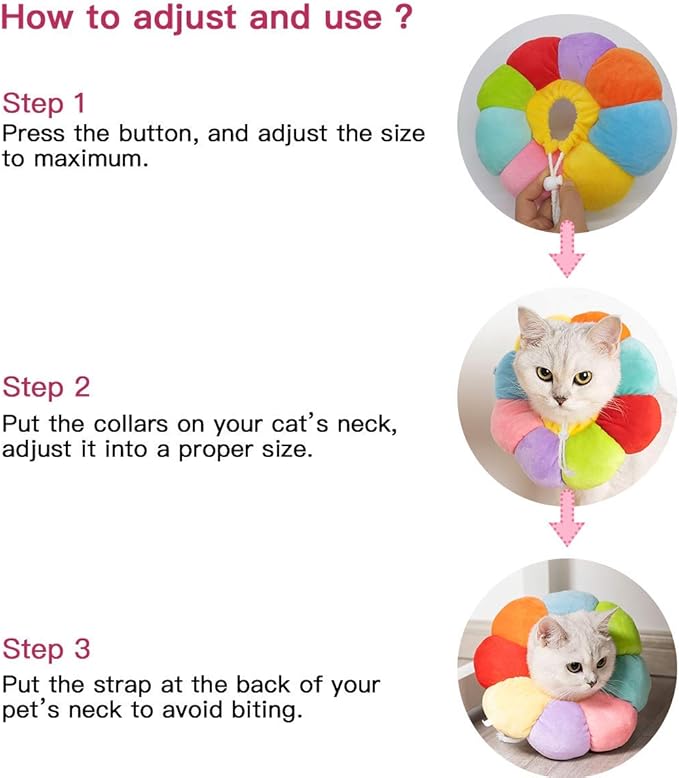 KUDES Cat Small Dog Recovery Collar, Cute Neck Cone After Surgery, Adjustable Pet E Collar, Wound Healing Protective Cone Surgery Recovery Elizabethan Collars for Small Pet (M(within 9.5lb), Colorful)